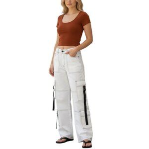 Pink Rose Wolmen's U-neck, Cup Sleeve Compression Cropped Top, Rust Brown, Sz. L